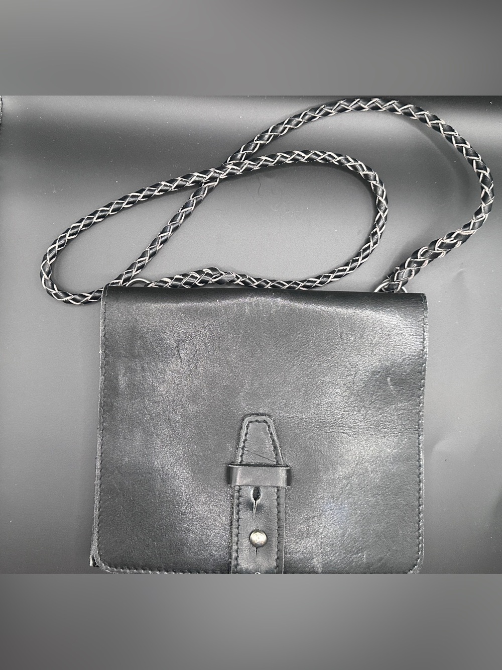 Black Leather Crossbody Bag with Braided Strap